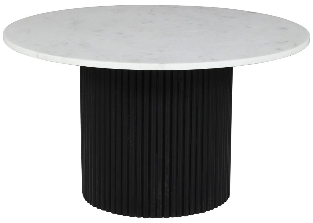 Carra Marble Coffee Table White Round Top with Black Fluted Ribbed Drum