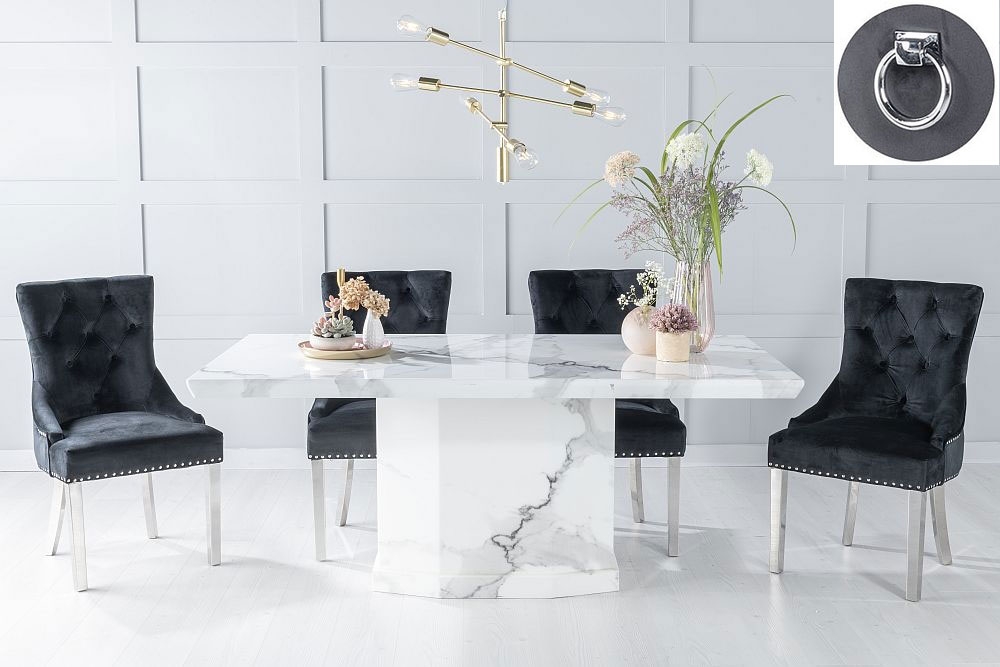 Naples Marble Dining Table Set, Rectangular White Top and Pedestal Base with Black Fabric