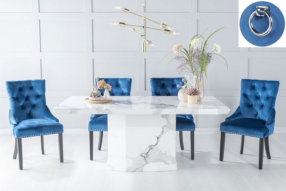 Naples Marble Dining Table Set, Rectangular White Top and Pedestal Base