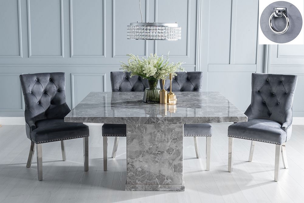 Turin Marble Dining Table Set, Square Grey Top and Pedestal Base with Grey Fabric Knocker Back