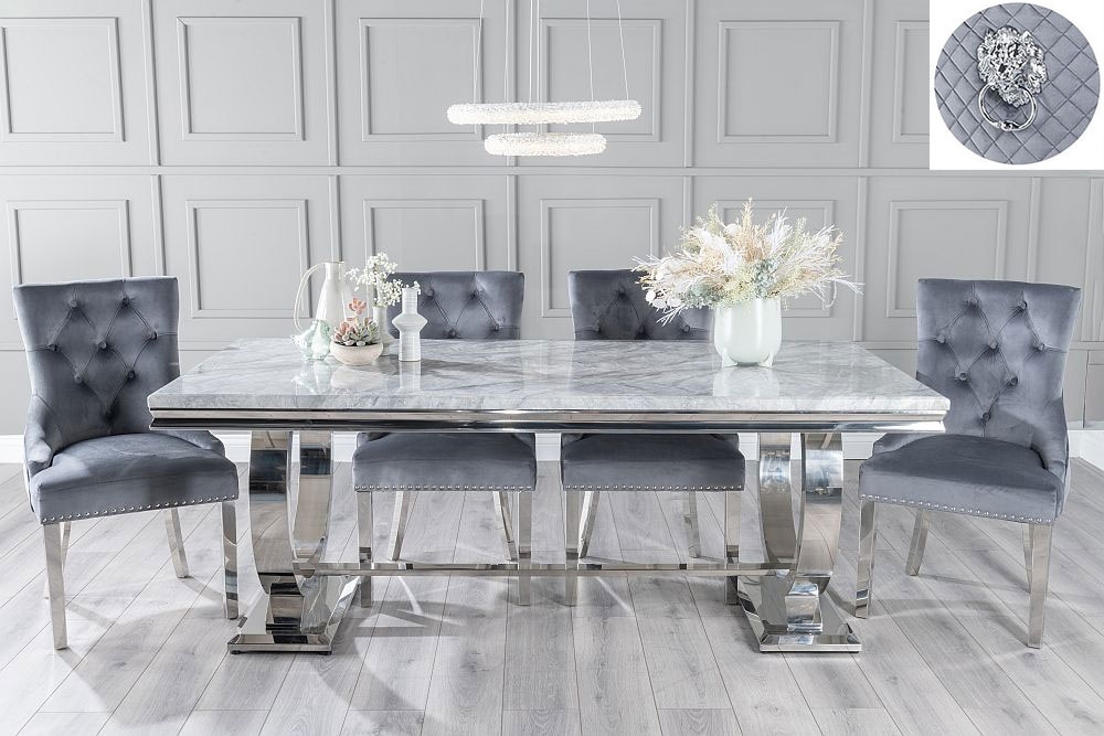 Glacier Marble Dining Table Set, Rectangular Grey Top and Ring Chrome