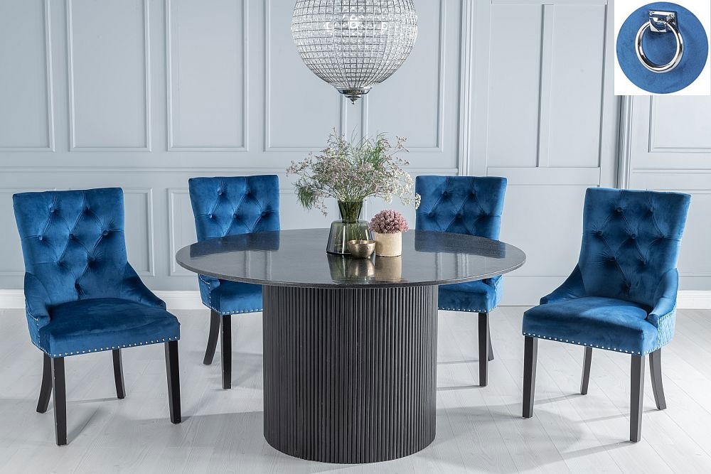 Carra Marble Dining Table Black, Round Top and Fluted Ribbed Drum Base with Blue Fabric Knocker